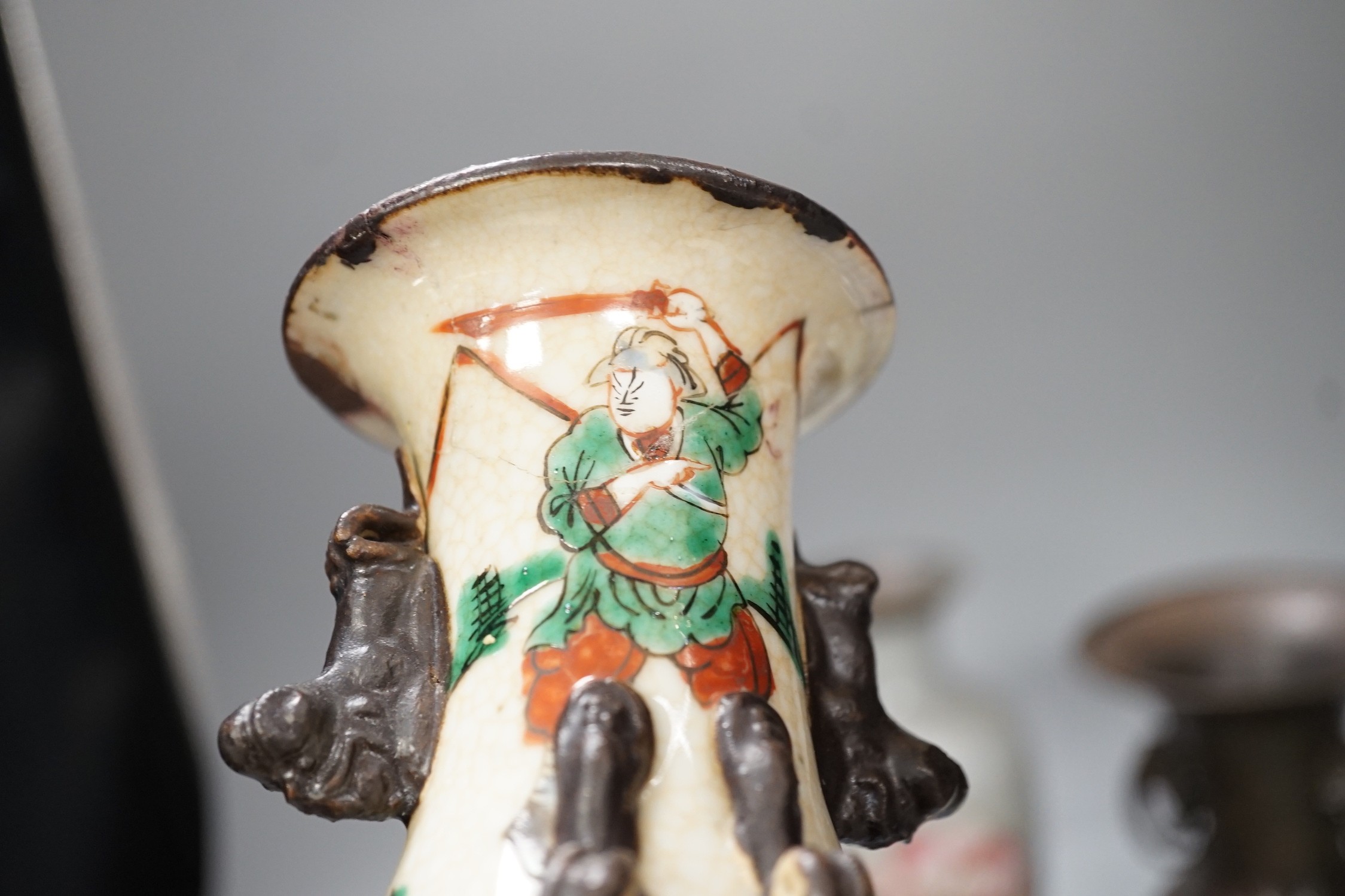 A group of 19th century Chinese porcelain dishes and a vase, and a Japanese ‘bird’ carving etc.